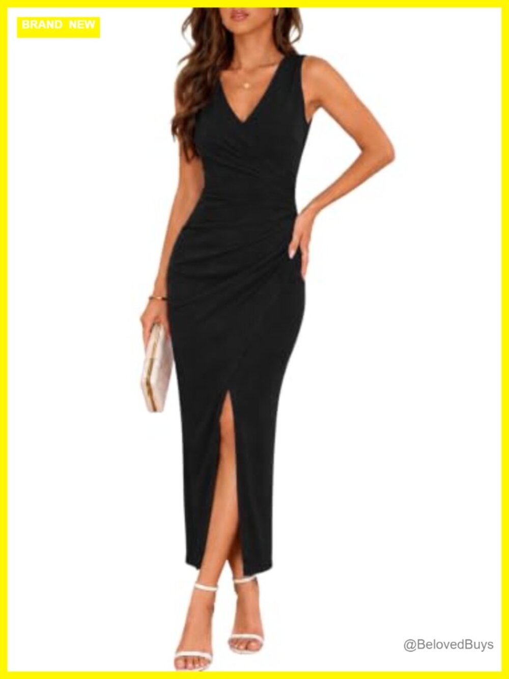 Women's Sleeveless V-Neck Bodycon Maxi Dress with Side Slit and Ruched Wrap